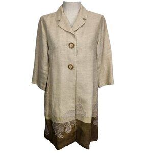 J. Jill Long Linen Coat M Beige Brown‎ Embroidered 3/4 Sleeve Two Button Neutral